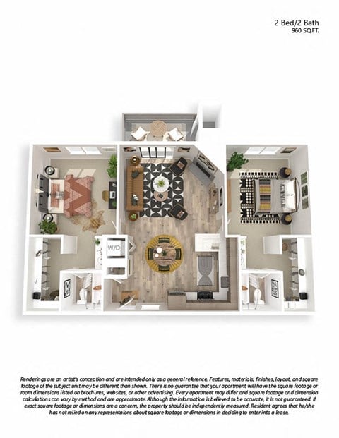 Floor plan for 2 beds, 2 baths, 960 sqft